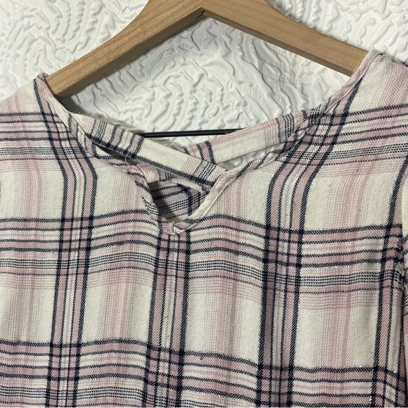 MOON & STARS Plaid Front Tie Cross Back Bell Sleeve Top - Picture 4 of 7